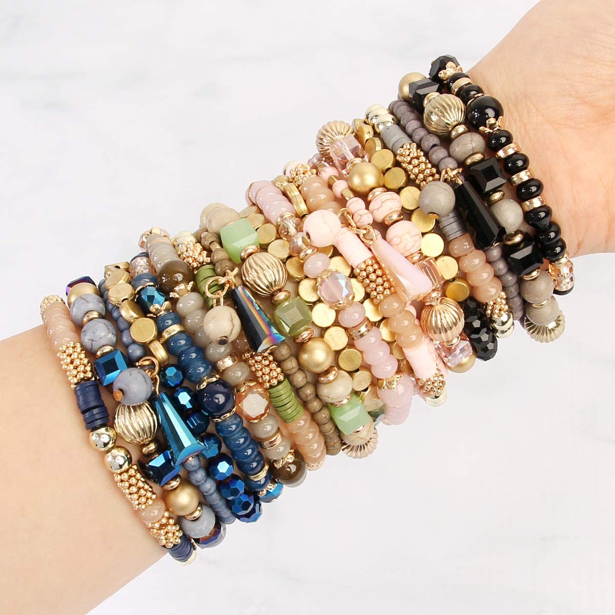 RIAH FASHION Bohemian Mix Bead Multi Layer Versatile Statement Bracelets - Stackable Beaded Strand Stretch Bangles Sparkly Crystal, Tassel Charm - Image 6